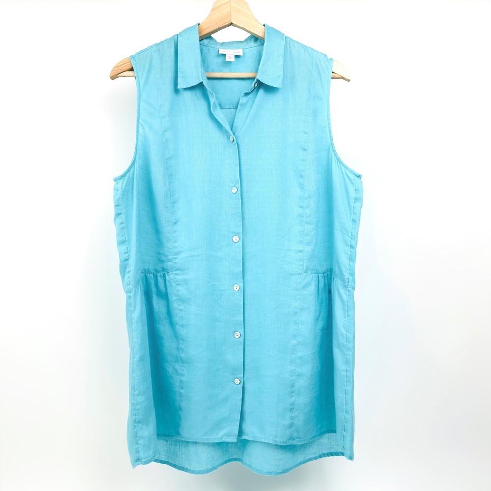 J. Jill Love Linen Aqua Blue Sleeveless Button Up Blouse Top Size M